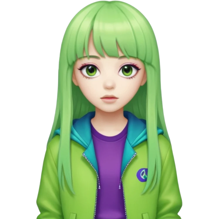  portrait-of-a-green alien-k-pop-idol,-wearing-a-stylish-streetwear-outfit-with-layered-colorful-clothing,-long-hair-with-bangs,-makeup,- emoji