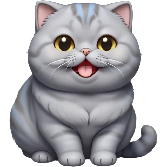 Cinematic Cute Chubby Grey Scottish Fold Cat Portrait Emoji, Head tilted playfully and yawning, round and plump body with sleek soft grey fur and subtle blue undertones, adorable folded ears, Simplified yet adorable features, highly detailed, glowing with a warm, friendly glow, high shine, curious yet calm, stylized with a touch of whimsy, bright and endearing, soft glowing outline, capturing the essence of a mischievous yet loving and lazy kitty with those signature folded ears, so cute it feels like it could stretch out of the screen and cuddle! emoji
