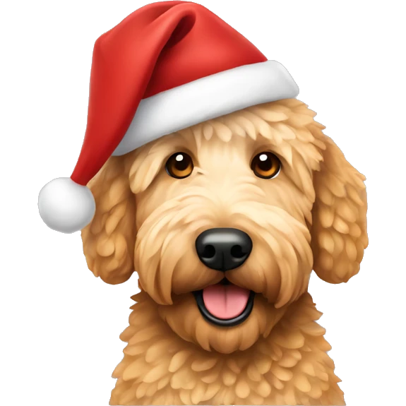 Golden doodle wearing a Christmas hat emoji