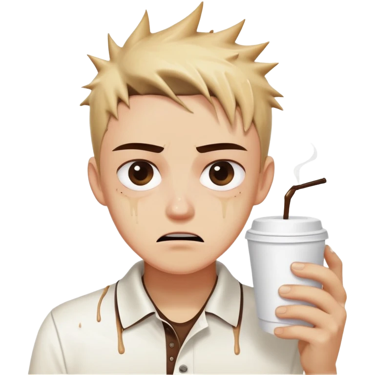 Hair: Wet-look gelled spikes from rushed morning Face: Wide double eyelids frozen in horror Clothes: Coffee-stained white polo, crooked name tag Action: Grabbing napkins as brown liquid soaks reports emoji