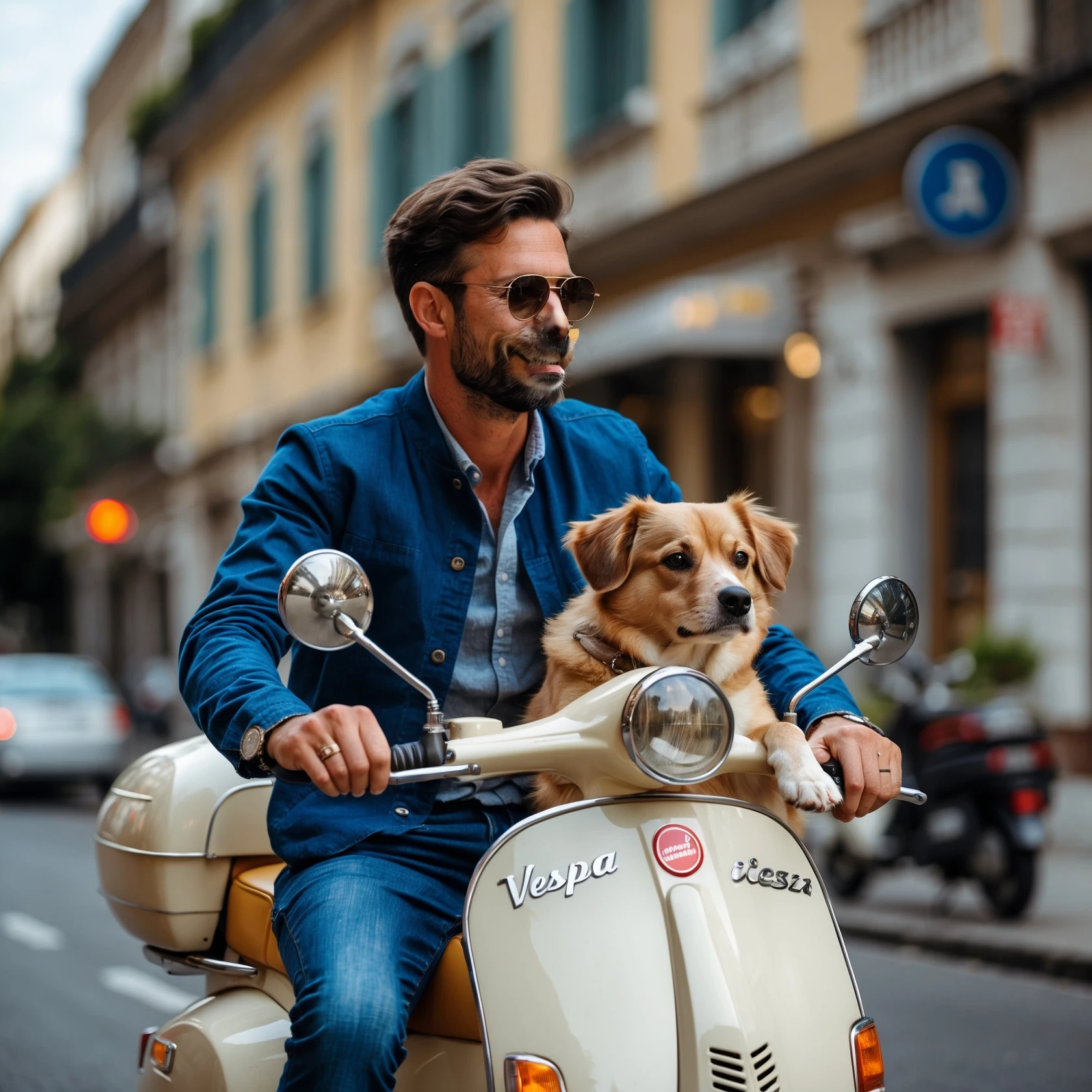 man and his pet dog riding a vespa emoji