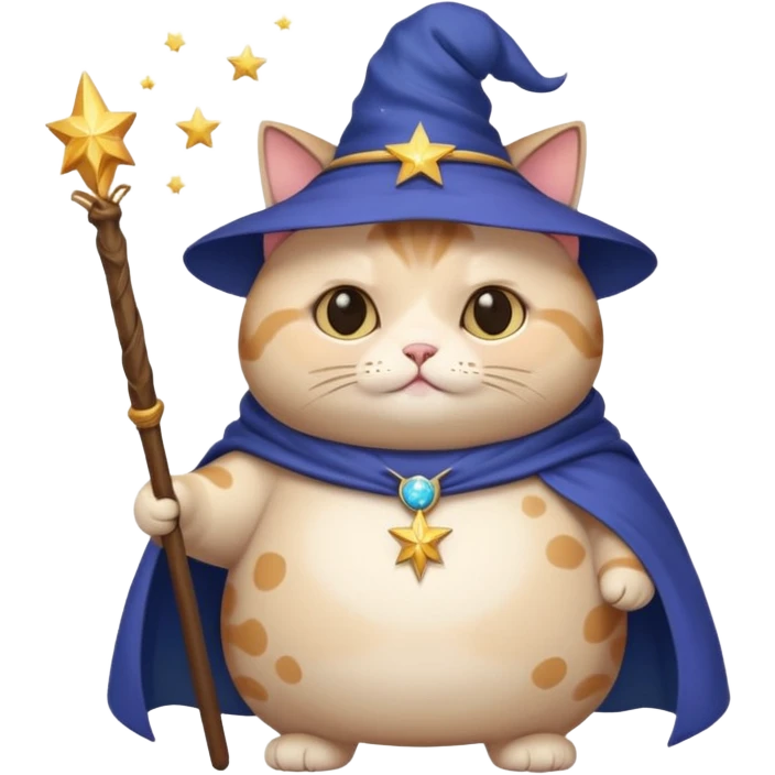 chubby cat wizard with a starry cloak and a wand emoji