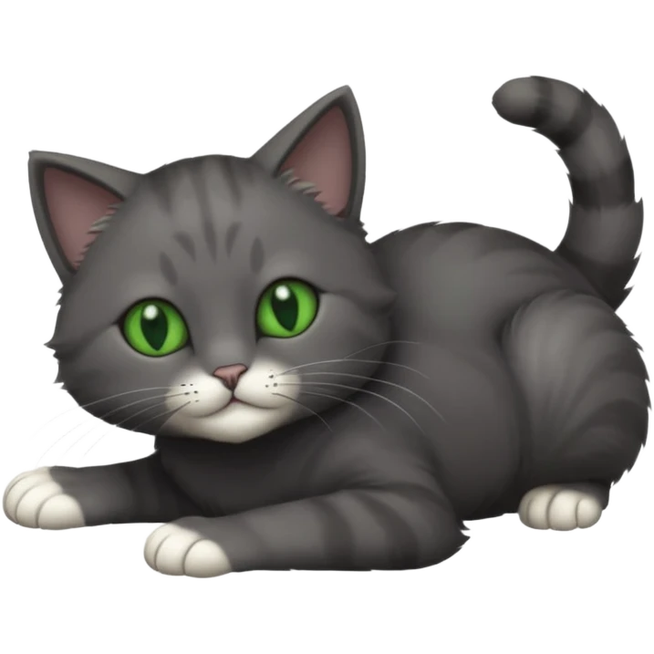 solid dark grey cat with green eyes, completely solid grey face, white toes/paws playing rolling upside down emoji