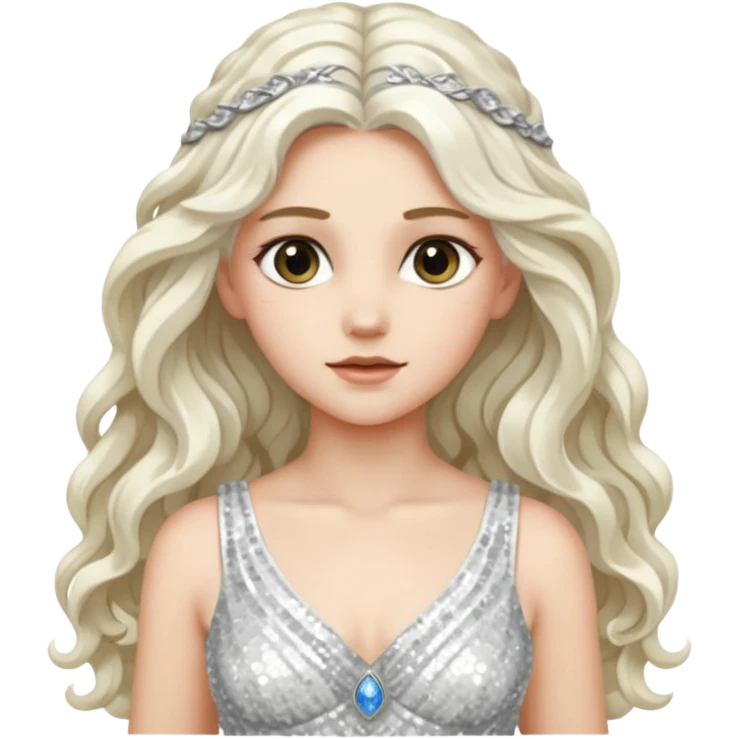 Artemis from Greek Mythology with long white wavy hair, white sequin dress emoji