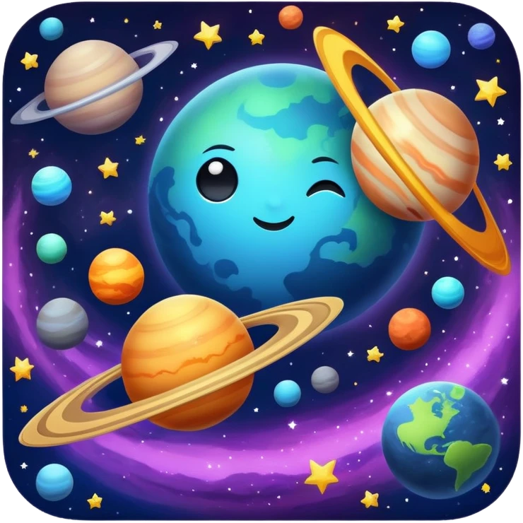 A cosmic scene with stars, planets, and galaxy emoji