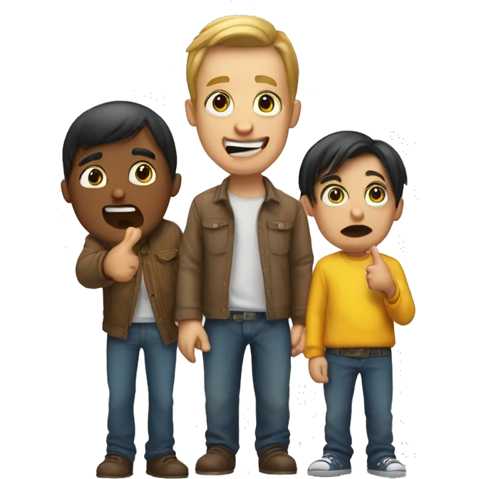 a man pointing to a boy with his thumb, man rolling his eyes ans has his tongue out being silly emoji