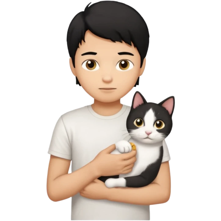 generate a pretty bratz emoji of a boy with black hair wearing a white tshirt and holding a cat  emoji