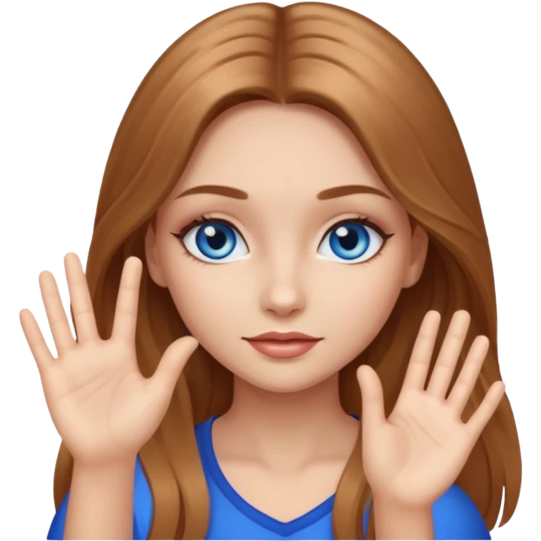 A girl with makeup, long light brown hair, blue eyes, with her palm up. with black outlook   emoji