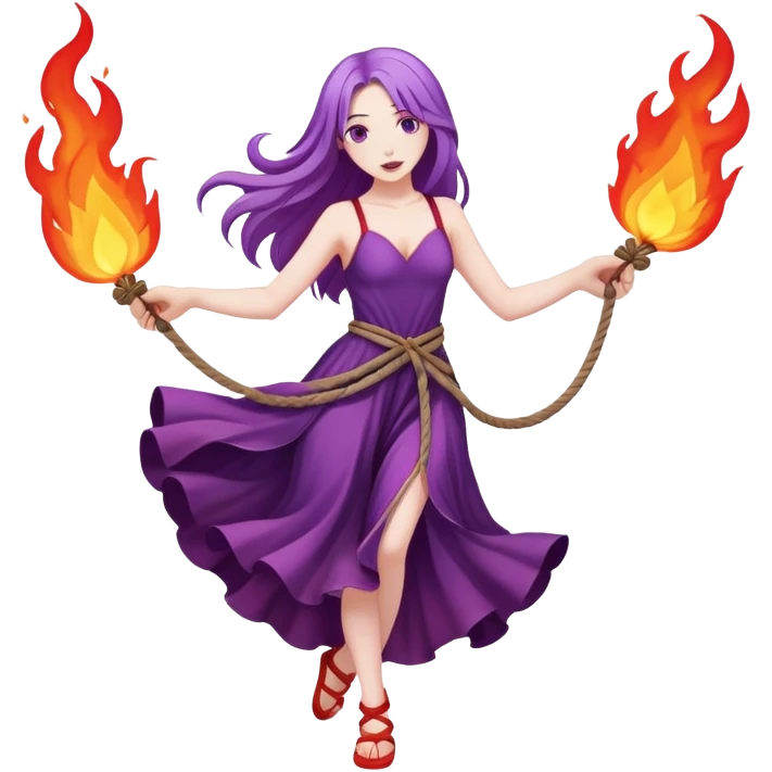 Full body two rope on fire dance performer pale skin with long purple hair red dress emoji