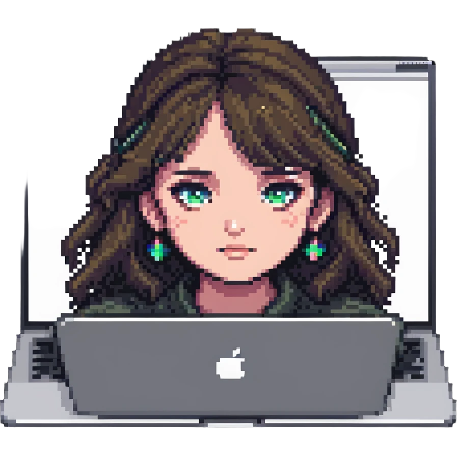 a girl's face working behind a MacBook, pixel art style emoji