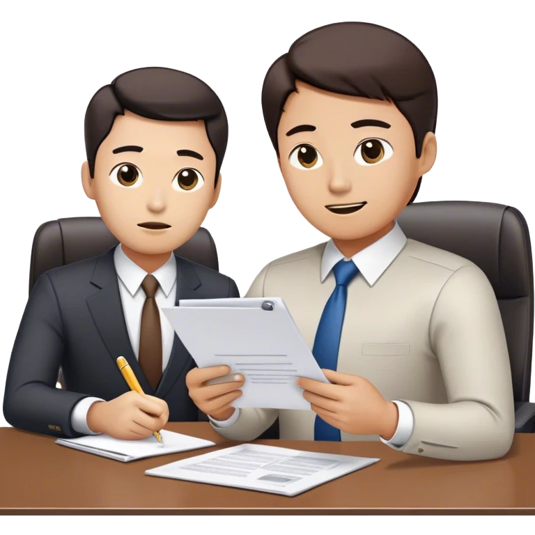 “An emoji-style illustration of a Korean man bringing a document to his boss for approval. The man is dressed in office attire, holding a document folder or papers, and approaching a superior who is seated at a desk. The boss appears authoritative, possibly reviewing or signing the document. The setting suggests a professional office environment, depicted in a minimalistic and expressive emoji-like style.” emoji