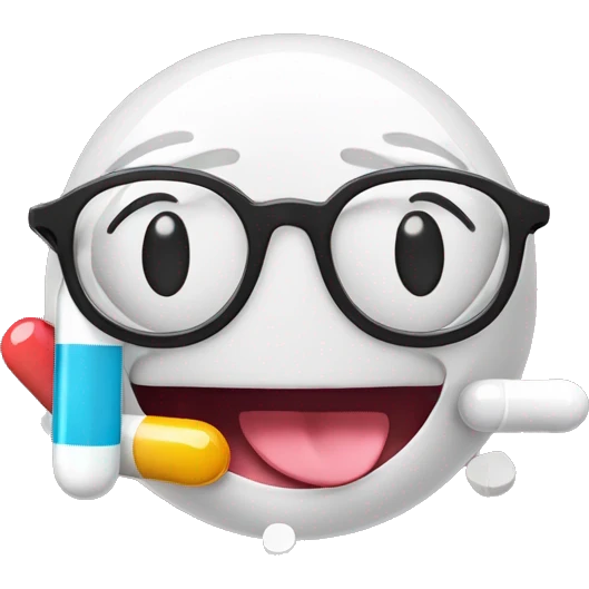 smiley face with its tounge out and pills on the tounge. It wears lab glasses and has a plaster under an wye emoji