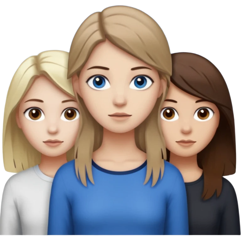 a trio of people where one girl in the back has white skin, brown hair, and brown eyes; another girl in the back has white skin, dirty blonde hair, and blue eyes; and the girl in the front has tan skin, dark brown hair and dark brown eyes. emoji