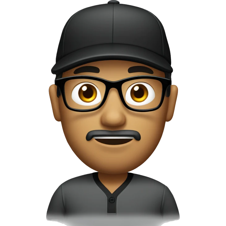 filipino golfer face wearing black rimmed glasses, with full but trimmed beard, wearing black cap. with silly face emoji
