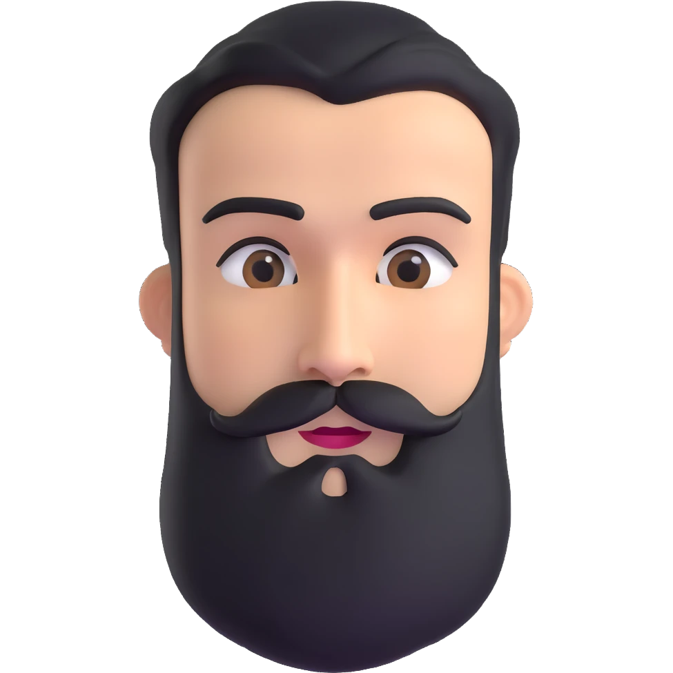 man with thick beard and connected eyebrows that meet in the middle emoji