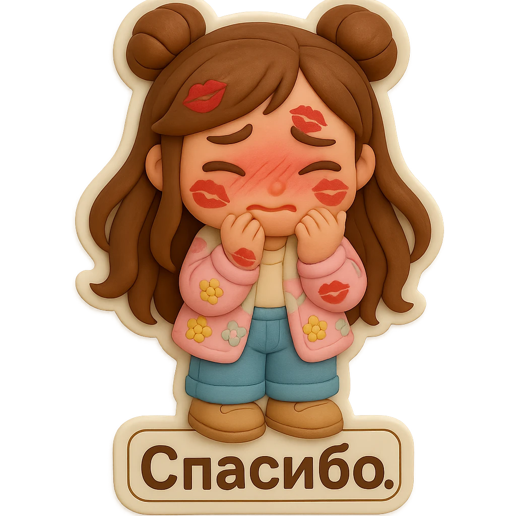 Create a 3D chibi fondant cake art style sticker of a girl based on the reference image. Preserve the facial features, eye shape, and hairstyle exactly as in the reference, with long brown hair styled in two space buns and brown eyes. She is standing, blushing deeply from embarrassment, covered in kiss marks, looking shy and overwhelmed. Include shoes matching the reference. Add a thick white outline like a sticker and a transparent background. At the bottom of the sticker, include a sign that says 'Спасибо'. emoji