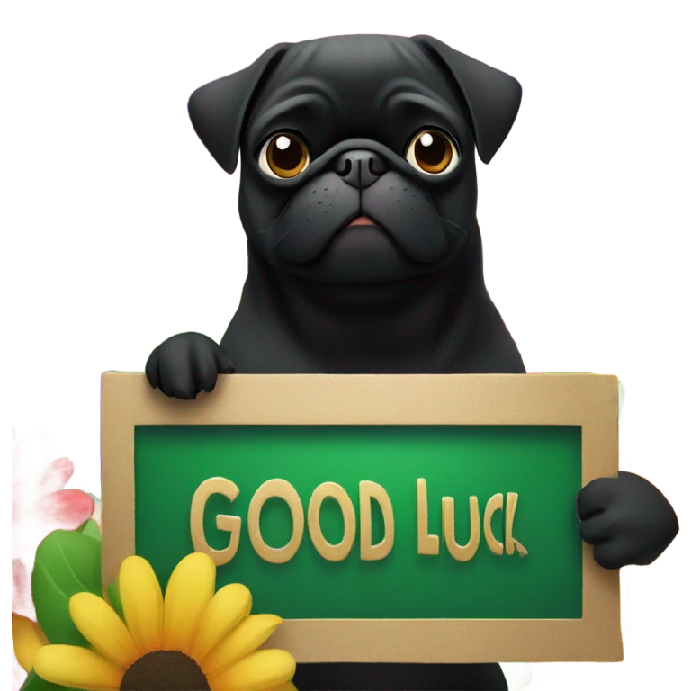 Black pug , surrounded by flowers, holding a green sign that says “good luck”  emoji