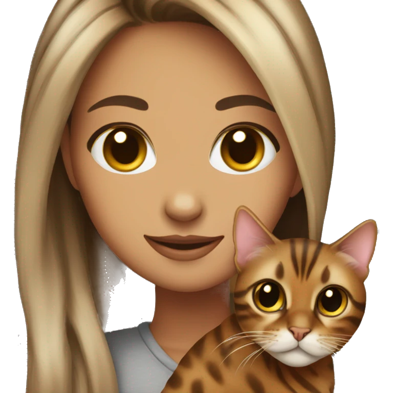 Beautiful woman long dark brown hair hug bengal cat emoji