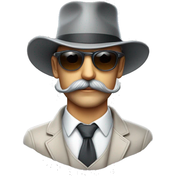 Homme en costard de couleur depau assez claire et un chapeau noie avec des lunette de soleil chic est une moustache gris emoji