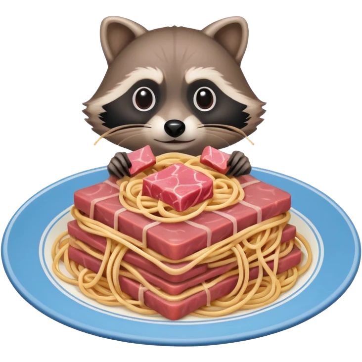 raccoon with SPAM meat  and gooey spaghetti  emoji