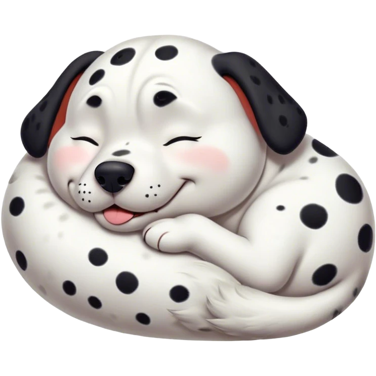 Cinematic Meme-Worthy Chubby Sleeping Dalmatian Portrait Emoji, Head resting peacefully with a contented smile, showcasing a delightfully chubby build and a luxuriously soft white coat with bold black spots, eyes shut in a serene nap, Simplified yet hilariously adorable features, highly detailed, glowing with a soft, drowsy light, high shine, relaxed and utterly lovable, stylized with an air of playful laziness, bright and heartwarming, soft glowing outline, capturing the essence of a comically sleepy Dalmatian, so meme-worthy it feels like it could instantly become the next viral sensation of adorable slumber! emoji