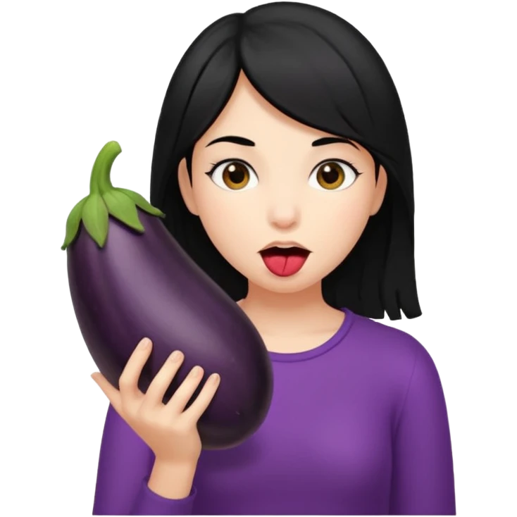 girl black hair with a black hairy eggplant in her mouth emoji