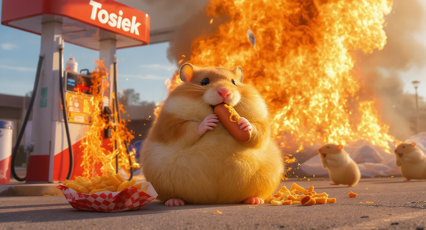 A portrait of a fat hamster eating hotdog on gas station, gas station is in fire, other hamster fun away, sunny day, back light explosion , gas station named "Tosiek" emoji