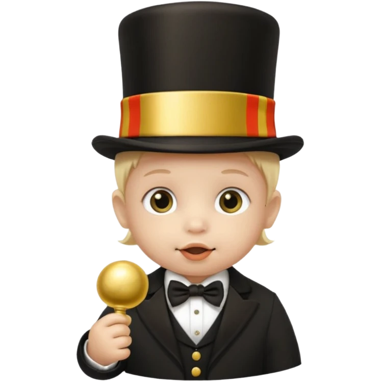 a baby's face in a black top hat with a gold stripe and a gold pacifier emoji