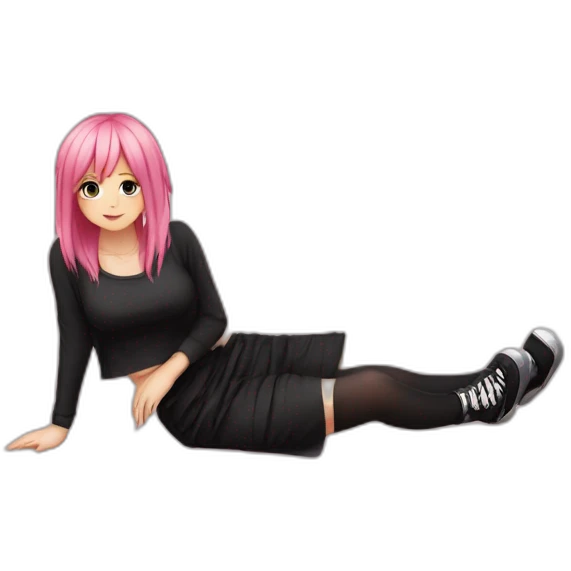 Full body Front view curvy emo girl pink hair sits on the floor straight view hands up black skirt полосатые рваные чулки emoji