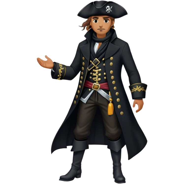 A confident pirate captain in a tailored black coat with silver embroidery, black boots, and a windswept black scarf. emoji
