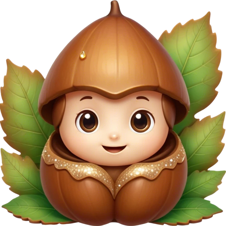 Cinematic tiny happy acorn, glossy brown, soft glowing highlights, tiny adorable face with big sparkly eyes, sitting on a pastel leaf, warm and cheerful. emoji