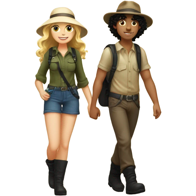 A short blonde long-haired girl in a hat and a black curly-haired boy in a hat and boots hike in the Canary Islands, boots are Caucasian  emoji