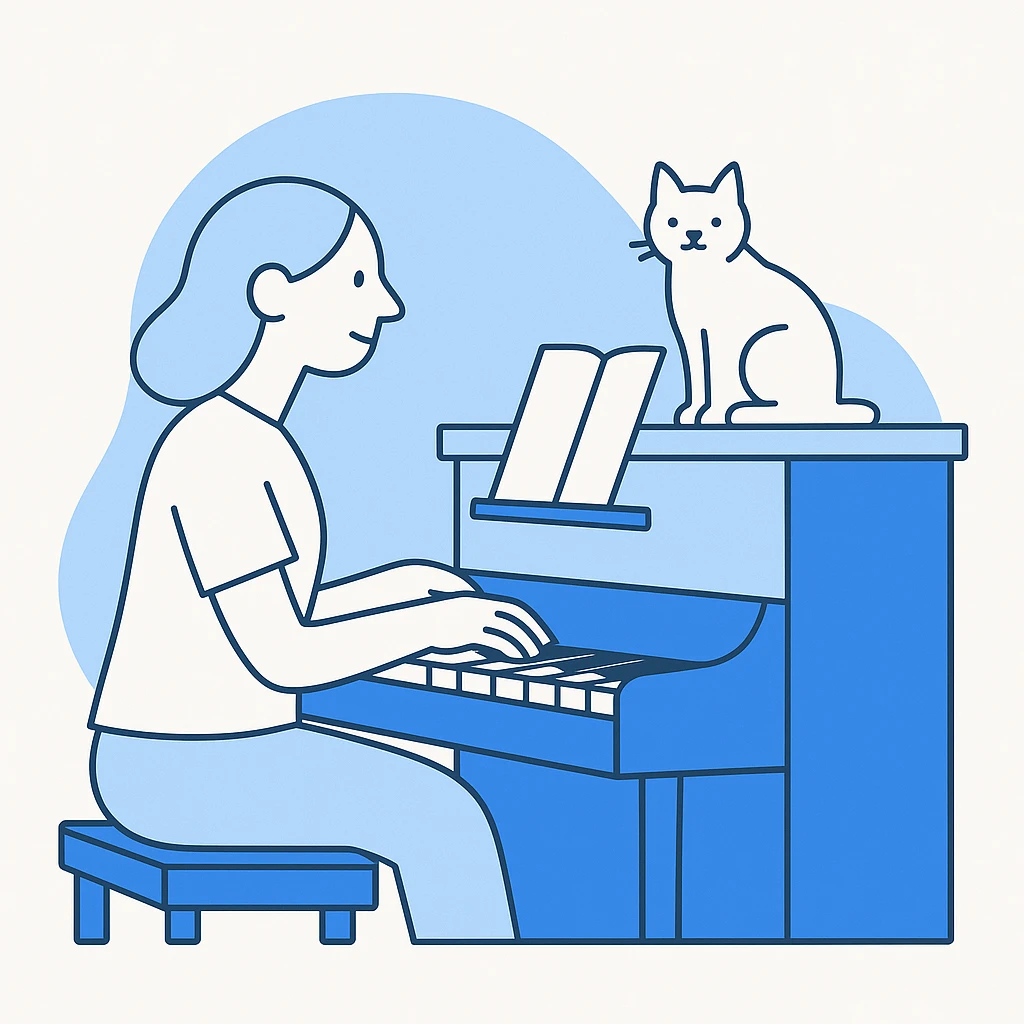 woman playing piano while her cat sits on top of the piano emoji