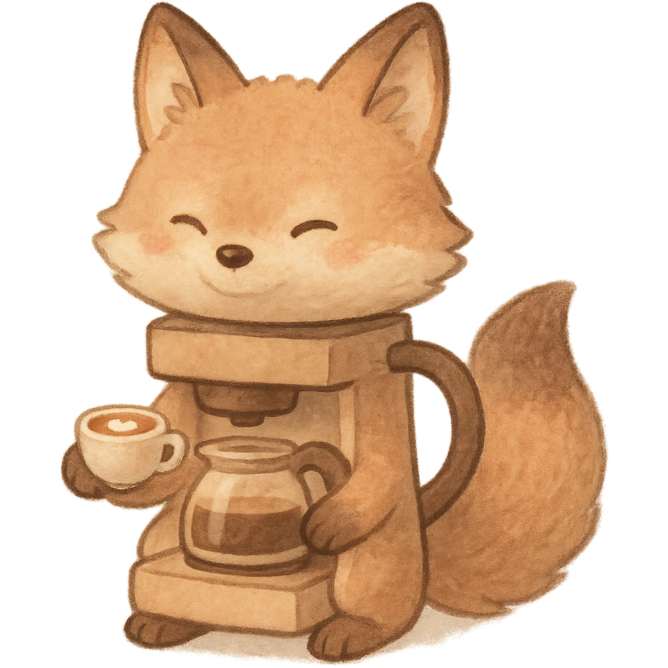 soft pastel fluffy fox designed as a coffee maker animal holding a tiny latte cup brown and beige tones full-body 电器拟动物风格 emoji