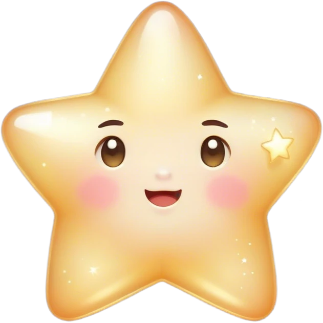 Cinematic cute sparkling star, chubby rounded edges, golden glow, tiny blushing cheeks, warm and gentle shine, twinkling softly in a pastel night sky. emoji