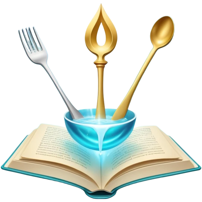 Ethereal floating cookbook with luminous aura, mystic fork and spoon symbol on cover radiating with magical energy, recipe collection emoji