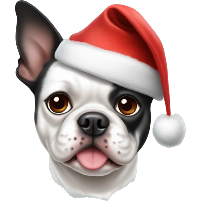 All white Boston terrier wearing Christmas hat emoji