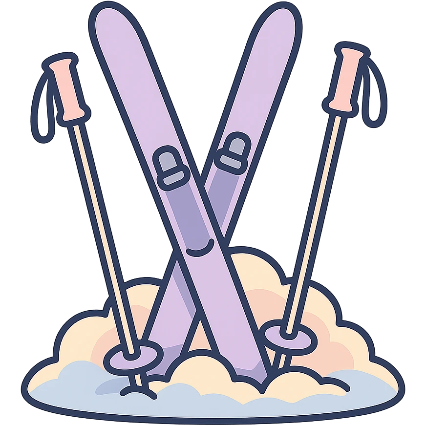cross-country skis and poles on the sides, stuck at an angle into a snowdrift, snow piled up around the bases, detailed shading, thin clean outlines, soft rounded features, pastel palette #98B5BC #B5B3C1 #C9A3C9 #E4C0CA #F7DCD1 #F7C0AA, Japanese pop art, sticker look, highly detailed, vector clarity, soft lighting, subtle shadows, transparent background emoji
