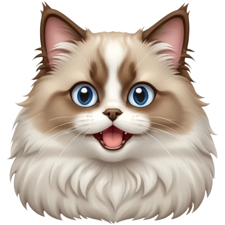 cinematic-adorable-big-eyed-fluffy-brown and white ragdoll-cat-portrait-emoji,-head-tilted-playfully-with-a-cute,-yawn,-soft-brown-and white-colored-fur-with-darker-points-on-the-ears,-simplified-yet-irresistibly-cute-features, sparkling blue eyes emoji