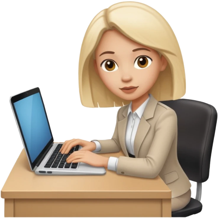 a lady who is really focused on her work, sitting at her desk with a keyboard and a laptop on the desk emoji