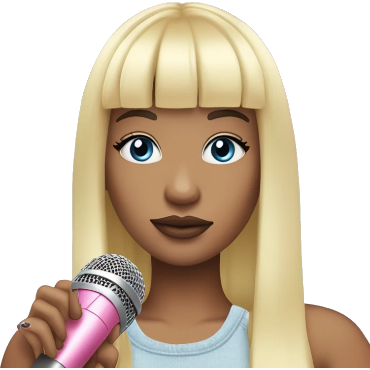 Blonde haired singer with long straight hair and bangs holding a pink microphone and the girl has blue eyes and pink-red lips and a pastel yellow, pastel pink, pastel blue and pastel purple clouds beside her emoji