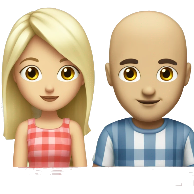 Blonde girl with green eyes having a picnic with a bald man with brown eyes emoji