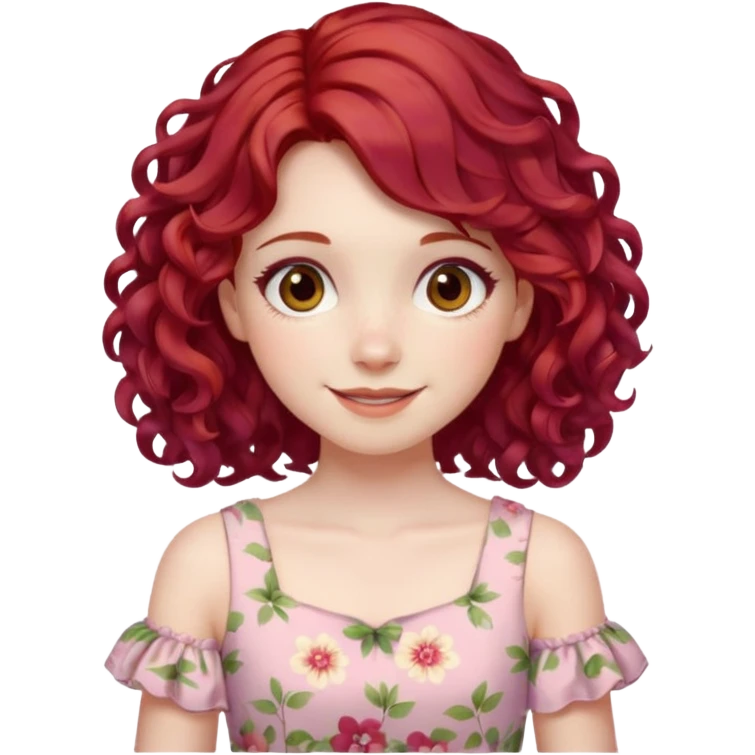 girl with shoulder length curly cherry red hair with brown eyes and pale skin smiling. pastel dress emoji