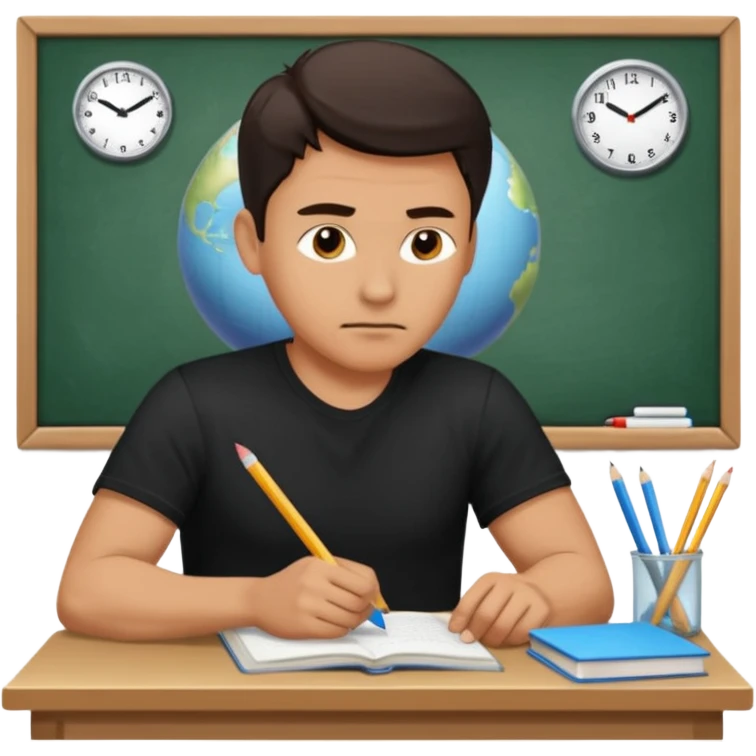 A handsome man in his 40s studying hard. Change his shirt in the first image to black. emoji