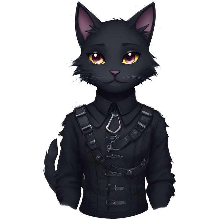 Gorgeous furry gothic dark techwear anime style anthro black cat furry sona with blushing face aesthetic and pretty edgy black with collar and harness trending style emoji