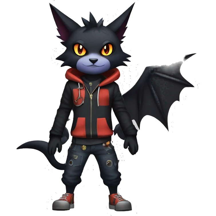 Cool Anthro Black Noibat-Quilava-Litten-Pokémon with edgy stripes hoodie spiked collar punk Full Body emoji
