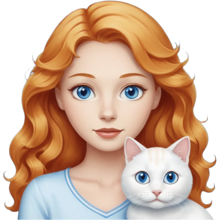 Long wavy strawberry blonde blue eyes woman with a white cat with blue eyes emoji