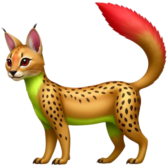 Colorful cute adorable tropical exotic fruity kiwi-green lemony rosy neon-red Caracal-Cheetah-Civet-Leopard-Trico-Sergal-Vernid-fusion-hybrid-animal-creature, full body, with tribal markings emoji