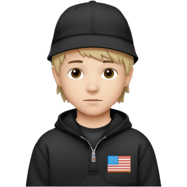 white  teen boy with short mullet haircut and black American flag flat bill hat at and wearing Carhartt sweatshirt emoji