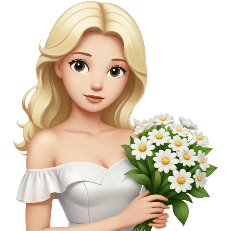 blonde woman in a white off-shoulder dress with a bouquet of white flowers emoji